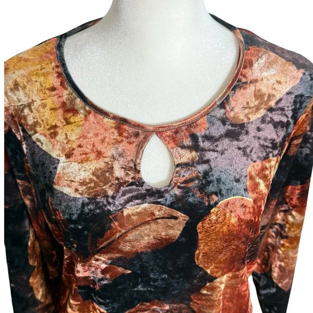 Velvet Velour Top Womens M Autumn‎ Leaves Keyhole Stretch Dressy Blouse